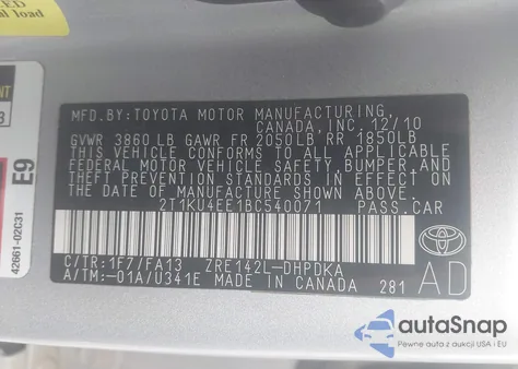 2011 Toyota Corolla Matrix z USA, uszkodzony, nr VIN 2T1KU4EE1BC540071